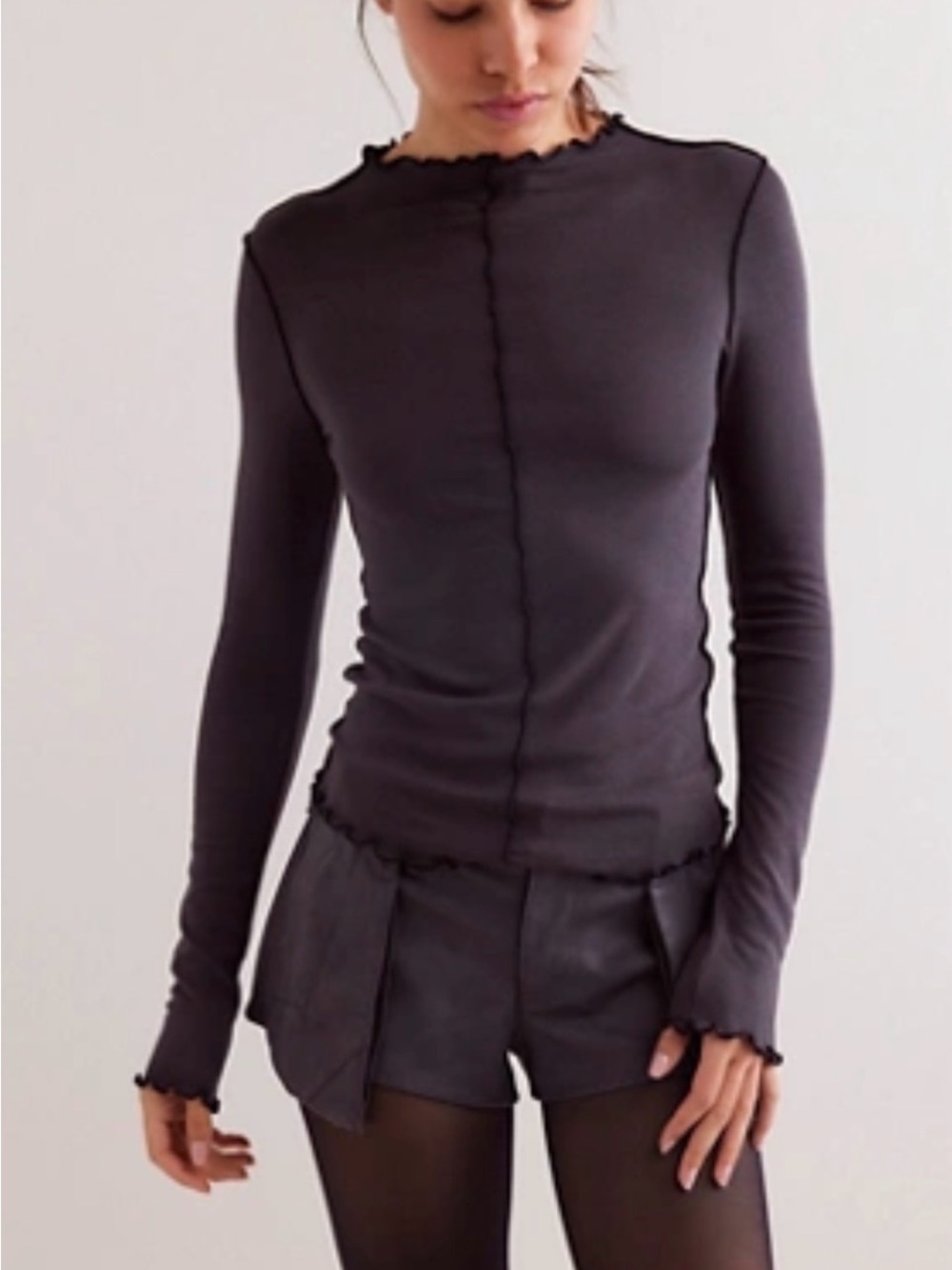 Free People Long-Sleeve Lettuce-Edge Crewneck Top in Charcoal